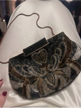 Vintage Black Beaded Shoulder Bag with Gold and Silver Accents